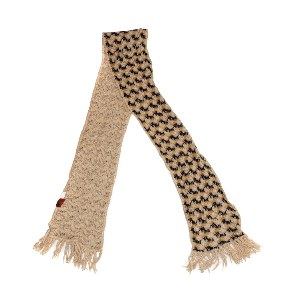 Missoni Beige & Black‎ Patterned Knit Wool Scarf with Fringe Trim